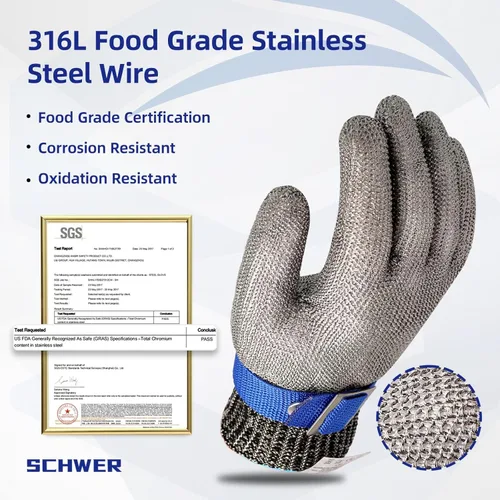 Vista 3 de Guante de Acero Inoxidable con Malla de Schwer SlicePro ANSI A9 Resistente a Cortes PR1706, Guante de Grado Alimentario para Cocina en la Cocina