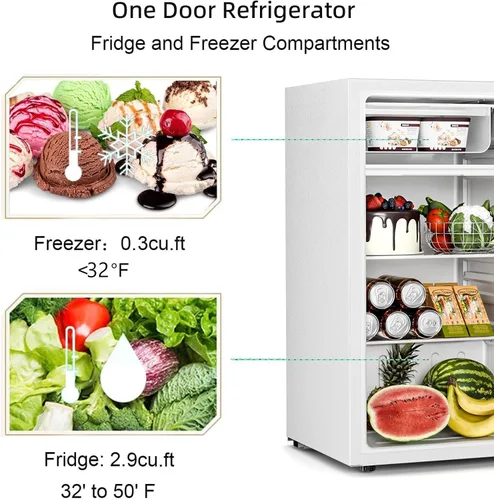 Vista 3 de Antarctic Star Mini refrigerador compacto con congelador, 3.2 pies cúbicos puerta individual con termostato ajustable, estantes de vidrio removibles