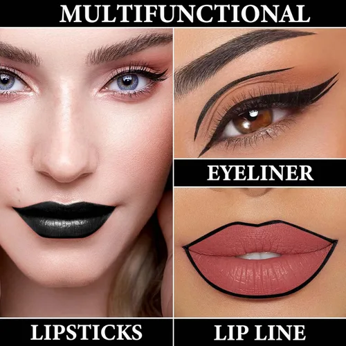 Vista 5 de Juego de 2 delineadores de labios y lápiz labial, kit de brillo de labios de terciopelo pigmentado, juego de delineadores de labios negro mate