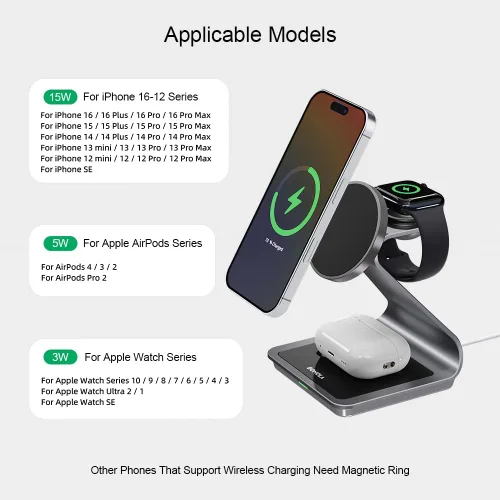 Vista 6 de 3 in 1 Charging Station for Apple Multiple Devices, Aluminum Magnetic Wireless Charger Stand for iPhone 17 1615141312 Series, Wireless Chargers Dock
