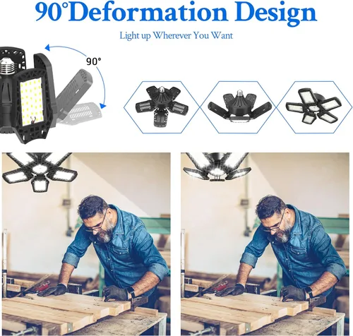 Vista 4 de Paquete de 2 luces LED de garaje, 150 W, 15000 lúmenes, 6500 K, luz LED de techo de garaje con 5+1 paneles ajustables para garaje, taller, sótano