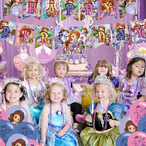 Vista 7 de Decoración de fiesta de cumpleaños de la princesa Sofía, la princesa Sofía, incluye pancarta de cumpleaños con temática de princesa, decoración