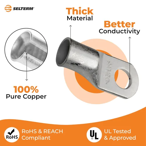 Vista 29 de SELTERM 5 piezas terminales de cable de cobre estañado 1/0 AWG perno de 1/2", extremos de cable de batería, terminales de anillo, conectores