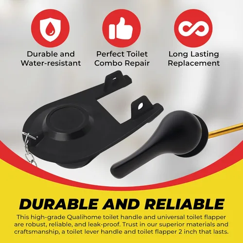 Vista 6 de Qualihome Kit de repuesto de manija de inodoro de montaje frontal - Manija de descarga negra con reemplazo de aleta universal de 2 pulgadas