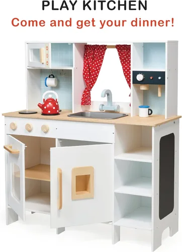 Vista 2 de Mentari Juguetes – Cocina de juego – Cocina de madera totalmente equipada con accesorios para cocinar – Desarrolla habilidades sociales, creativas e