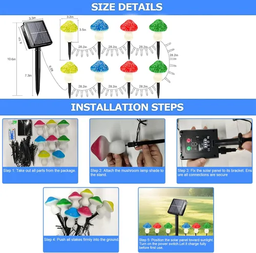 Vista 7 de LiyuanQ Luces solares de hongos para decoración al aire libre, paquete de 8 50 luces LED de hongo, guirnalda de luces solares de 23 pies con 8