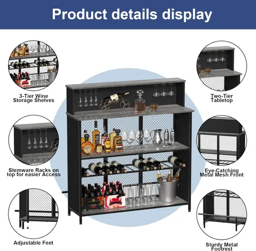 Vista 5 de GDLF Mueble de bar para el hogar, gabinete de licor con almacenamiento y reposapiés para bar de cocina en el hogar (gris)