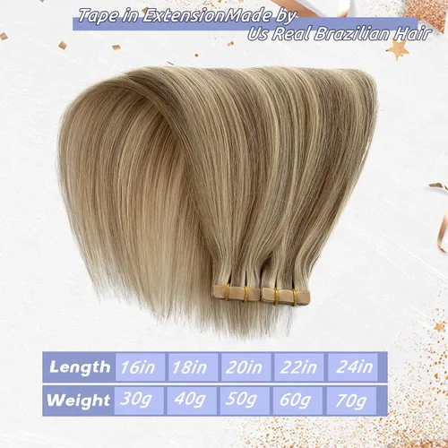 Vista 4 de Extensiones de cabello humano rubio con cinta, reflejos rubio ceniza y rubio platino, extensiones de cabello rubio platinado, cinta adhesiva