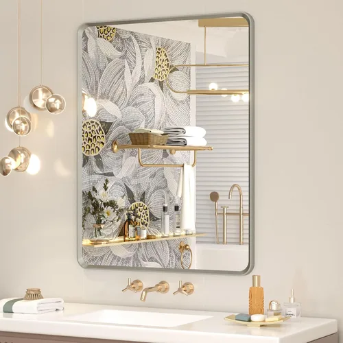 Vista 37 de OKPAL Espejo de Baño con Marco de Metal Negro de 40 x 36 Pulgadas para Pared, Espejo de Tocador de Baño Negro Mate, Espejo Rectangular Redondeado