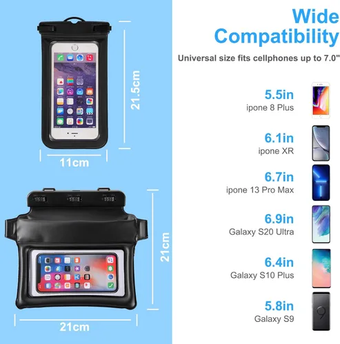 Vista 2 de TRICIA Paquete de 2 bolsas impermeables para teléfono y funda impermeable para teléfono celular, bolsa flotante universal impermeable para teléfono