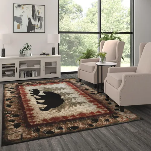 Vista 11 de Masada Masada Rugs 2'x3' Alfombra temática de cabina/cabaña con escena de oso y cachorro