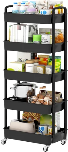 Vista 19 de Sywhitta - Carrito rodante de utilidad de plástico de 5 niveles con asa, carrito de almacenamiento multifuncional para oficina, sala de estar