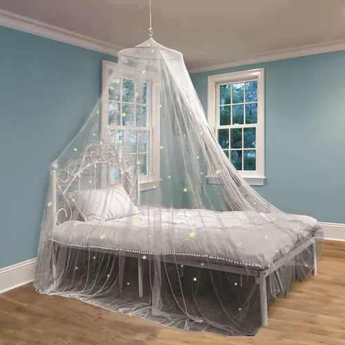 Vista 2 de Bollepo Toldo de cama blanco y morado para niñas con estrellas brillantes – Decoración de habitación de red de cuna de princesa Cortinas de cama