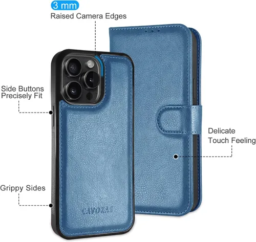 Vista 4 de Funda tipo cartera para iPhone 15 Pro Max con soporte para tarjetas, funda de cuero magnética fuerte desmontable, compatible con carga inalámbrica