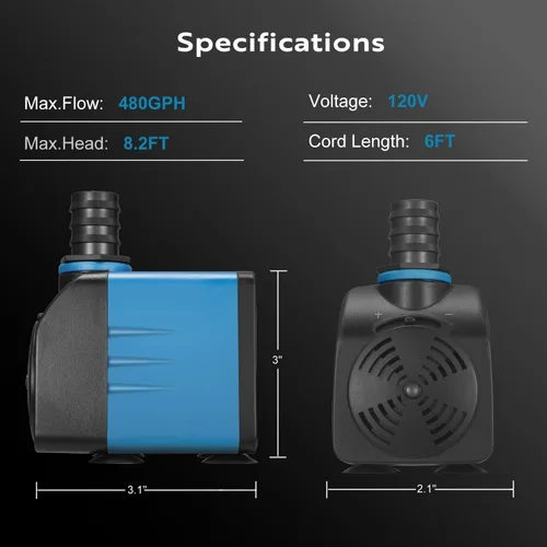 Vista 3 de TONGCHANT Bomba sumergible de 480 GPH con certificación ETL, con perilla de flujo ajustable y 3 boquillas