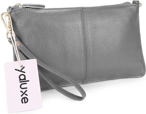 Vista 4 de YALUXE Clutch Wristlet - Cartera de piel auténtica con bloqueo RFID y cadena de hombro