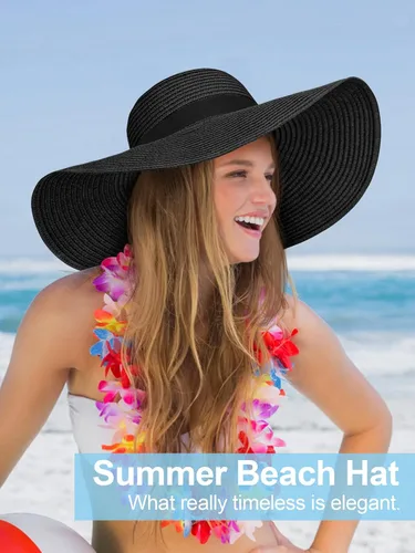 Vista 6 de Sombreros de sol para mujer, de gran tamaño, de ala ancha, sombrero de playa, con protección UV, plegable, enrollable, para viajes, vacaciones