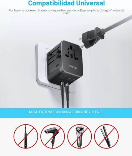 Vista 6 de VINTAR - Adaptador de viaje universal, adaptador de corriente internacional con 6A, 3 USB C y 2 puertos USB, adaptador de enchufe esencial de viaje