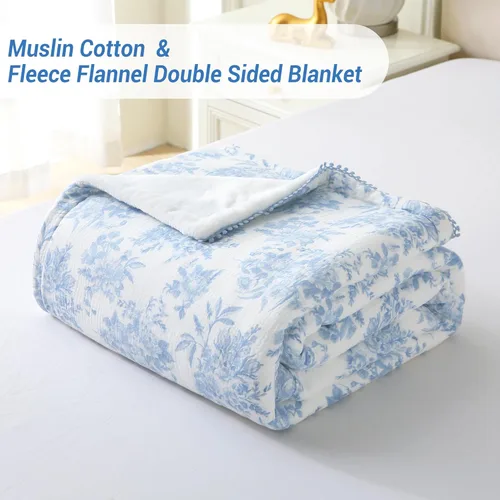 Vista 4 de Viviland - Manta de forro polar reversible con muselina, manta suave para sofá y cama, colcha transpirable, ropa de cama de gasa para adultos