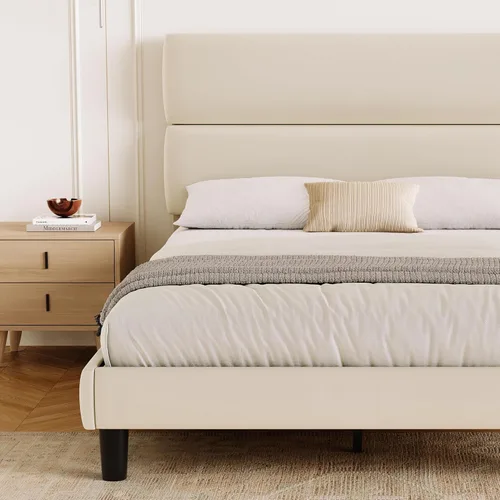 Vista 3 de GRUSIGN Base de cama de plataforma de tamaño matrimonial con cabecera de terciopelo, soporte de listones de madera de altura ajustable, base
