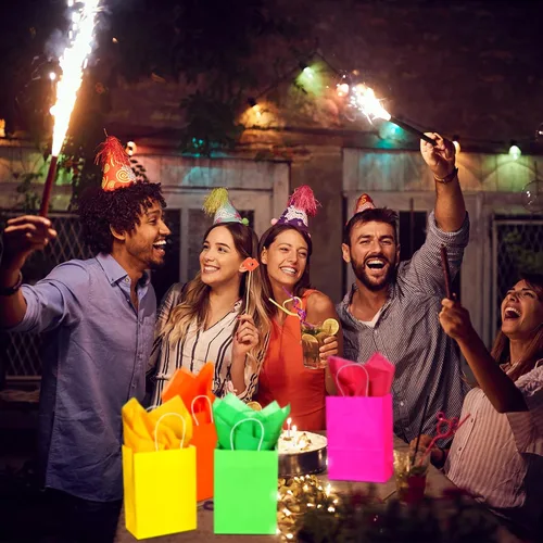 Vista 6 de Sherr 24 bolsas de regalo de neón con 24 pañuelos de papel kraft de colores surtidos con asas para cumpleaños, bodas y celebraciones