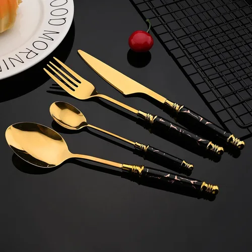 Vista 2 de JASHII Juego de cubiertos de acero inoxidable de 24 piezas con pulido de espejo de textura de mármol, juegos de cubiertos de cocina, tenedor y Negro