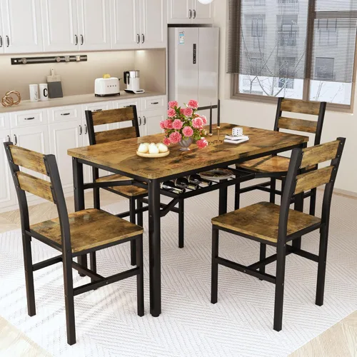 Vista 2 de Juego de mesa de comedor Hooseng para 4, juego de mesa y sillas de cocina de madera con almacenamiento, juego de mesa de comedor de 5 piezas