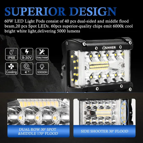 Vista 3 de BUNKER INDUST Kit de Arnés de Cableado para Cápsulas de Luz LED Side Shooter, 2 Piezas de Barra de Luz LED de 4" Spot Flood de 60W, Luz de Trabajo