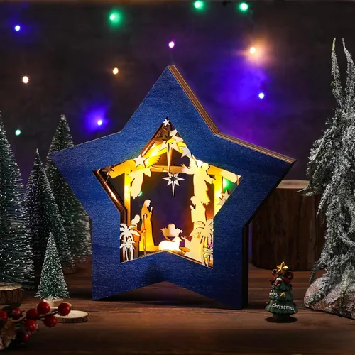 Vista 6 de Juego de belén de madera, juego de mesa de belén de Navidad, adorno de Navidad, decoraciones rústicas religiosas cristianas con luz LED