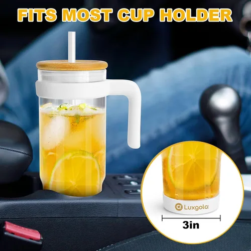 Vista 4 de Vaso de vidrio de 32 onzas con asa, taza de café helado con tapa de bambú y pajitas, taza de agua de vidrio transparente reutilizable