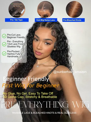 Vista 9 de Pelucas de cabello humano ondulado al agua de Sunber con cordón elástico de ajuste, bordes rizados, todo preestablecido, 13x4, encaje frontal HD
