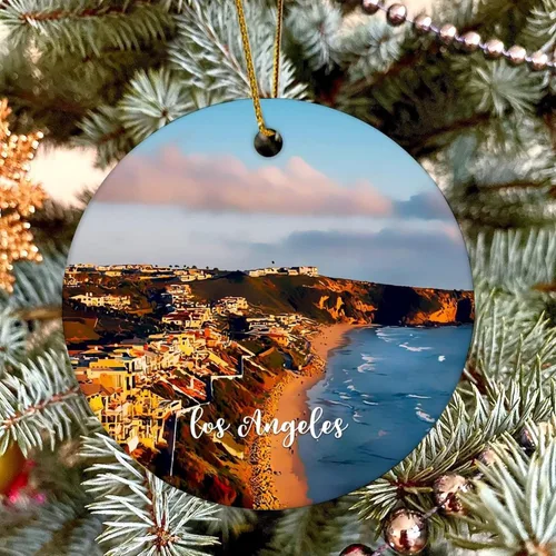 Vista 6 de Decorative Hanging Christmas Ornaments Los Angeles City Scene Building Cityscape Landscape Flat Circle Ceramic Christmas Ornament for Xmas Tree