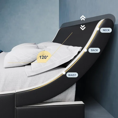 Vista 5 de Allewie Moderno marco de cama de plataforma de perfil bajo ondulado con cabecero curvado ajustable y listones de madera, base de colchón de piel