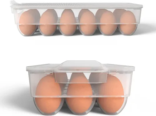 Vista 3 de Soporte para huevos cubierto transparente, paquete de 3, almacenamiento de huevos de plástico para refrigerador, contenedor de bandeja de huevos