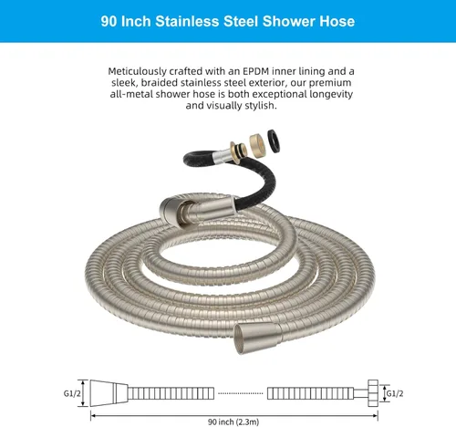 Vista 7 de Hibbent Manguera de ducha totalmente metálica, manguera de ducha de baño extra larga de acero inoxidable de 90 pulgadas, extensión de manguera
