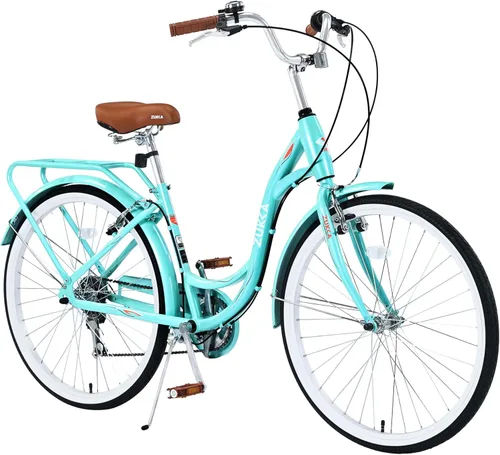 MEGHNA Beach Cruiser Bike Low Step - Through 24 inch/26 inch Bike Elegant Lady Bike V - Brake 7 Speed Cruiser Bike with Rear Rack Bell for Girls