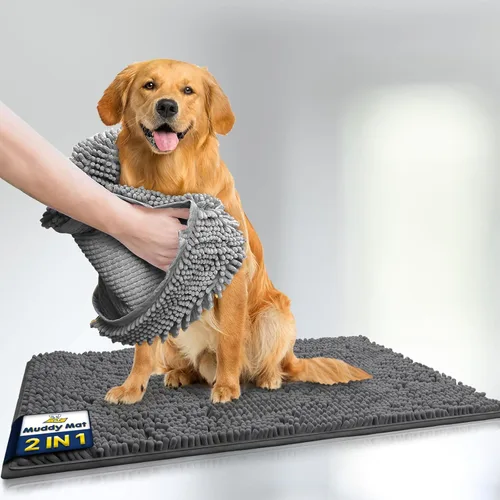 Muddy Mat® Set 2-en-1: Tapete de puerta de microfibra gris visto en la TV (19"x30") y toalla de felpa para secador de mascotas - Soluciones