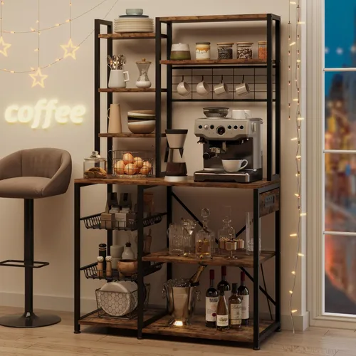 Vista 3 de IDEALHOUSE Estante para panaderos con toma de corriente, soporte para microondas con 2 cajones de alambre, estación de barra de café industrial