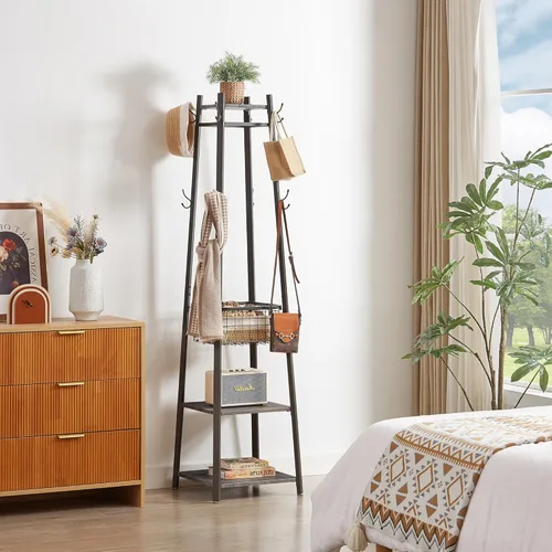 Vista 2 de VECELO Perchero independiente, árbol de pasillo con cesta de metal y estantes de almacenamiento, perchero industrial con 8 ganchos para colgar