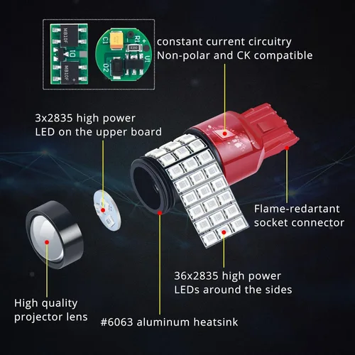 Vista 5 de Alla Lighting Bombillas LED Estroboscópicas de Freno T20 7440 7443 Mejoradas, Luces de Freno Intermitentes Rojas, Lámparas de Parada Intermitentes