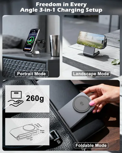Vista 6 de CloudValley 3-in-1 Magnetic Wireless Charging Station, Qi2.2 25W Foldable Charging Stand with TEC Active Cooling Fan, Compatible with MagSafe iPhone