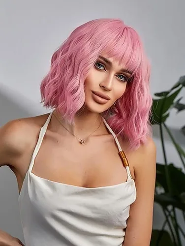 Vista 2 de THEMIS HAIR Pelucas cortas con flequillo, pelucas sintéticas rizadas de color rosa para cosplay (12 pulgadas, rosa)