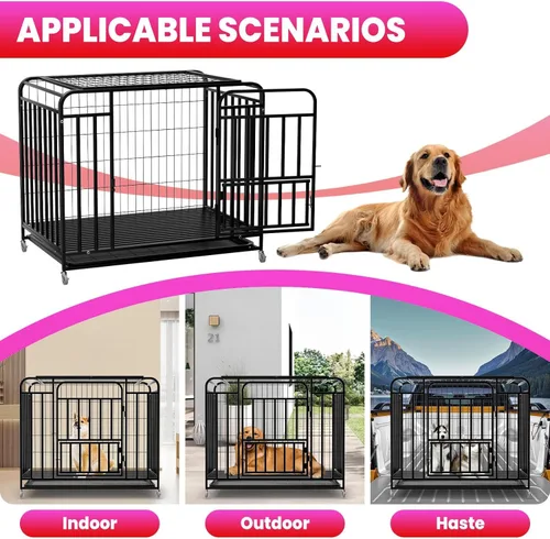 Vista 5 de 42 Heavy Duty Metal Pet Dog Cage Crate 3-Door Lock Design Kennel with 4 Brake Wheels & Removable Bottom Tray