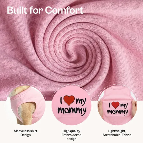 Vista 2 de Playera parisina para perros con palabras bordadas "I Love My Mommy" - 100% algodón, camiseta rosa para perros - Chaleco sin mangas para mascotas