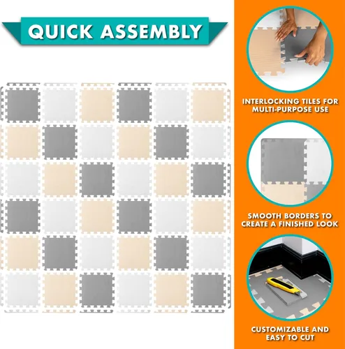 Vista 56 de ProSource Alfombra de espuma para rompecabezas para niños y bebés con colores sólidos, 36 o 16 azulejos encajables con bordes, Negro/Gris/Blanco