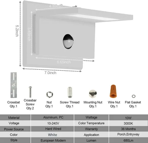 Vista 7 de Aplique de pared para exteriores con sensor de movimiento, luz LED blanca para exteriores, lámpara de pared IP54, impermeable, para porche, garaje