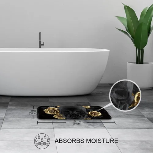 Vista 6 de KXO Black Skull with Gold Rose, Waterproof Shower Curtain and Mat Set Polyester Bathroom Curtain and Rug Set with Hooks 70.8"x70.8