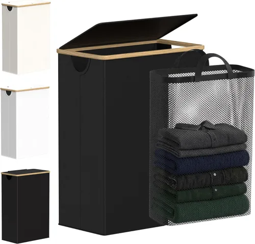 Vista 37 de efluky Cesta de lavandería delgada con tapa, cesta estrecha para la ropa sucia con bolsa extraíble, cesta de ropa sucia delgada con asas de bambú