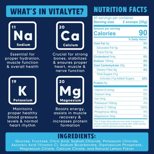 Vista 7 de Polvo para preparar bebida natural de electrolitos, libre de gluten, contenedor con 80 porciones, marca Vitalyte, cítrico (Cool Citrus)