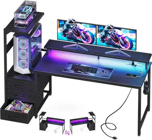 Vista 9 de Casaottima - Escritorio de juegos de 59 pulgadas con puertos de carga USB y luz LED - Escritorio reversible para computadora con 3 cajones de tela